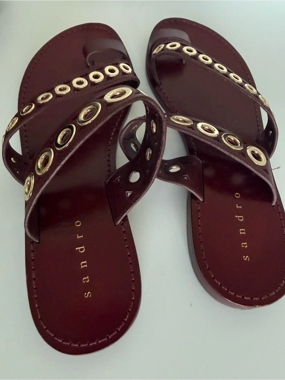 Sandro Burgundy Leather Grommet Gladiator Sandals EU40 US 9 Gold Stud Flat Slide